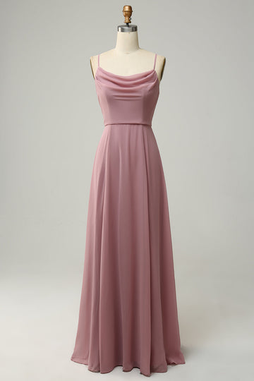 Dusty Rose A Line Spaghetti Straps Sleeveless Chiffon Bridesmaid Dress